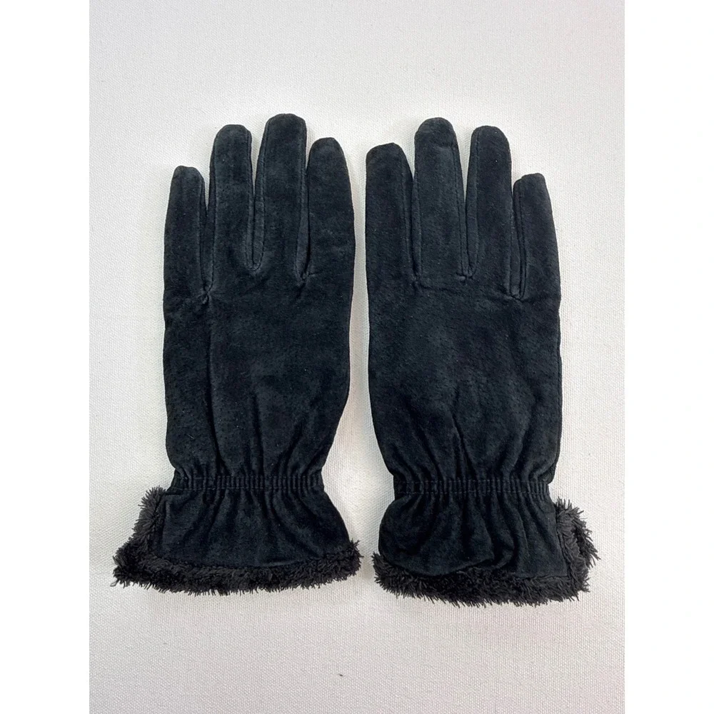 Leather Gloves Womens L Black Faux Fur Trim Elastic Wrist Winter Warm